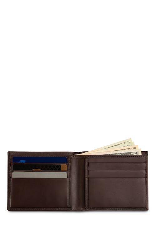 Swissgear Napa Leather Bifold Wallet Interior features 6 card slots, 2 slip pockets, and a bill compartment