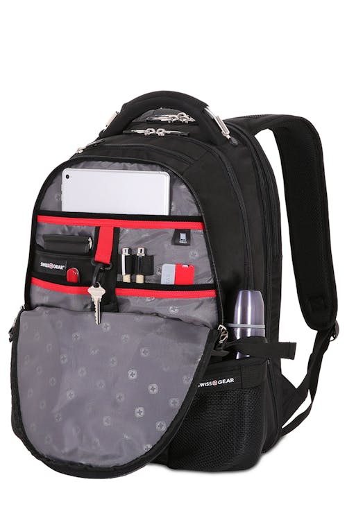 Swissgear 2769 ScanSmart Laptop Backpack Front organizer panel has multiple divider pockets for pens, a cell phone, ID cards, and other necessities