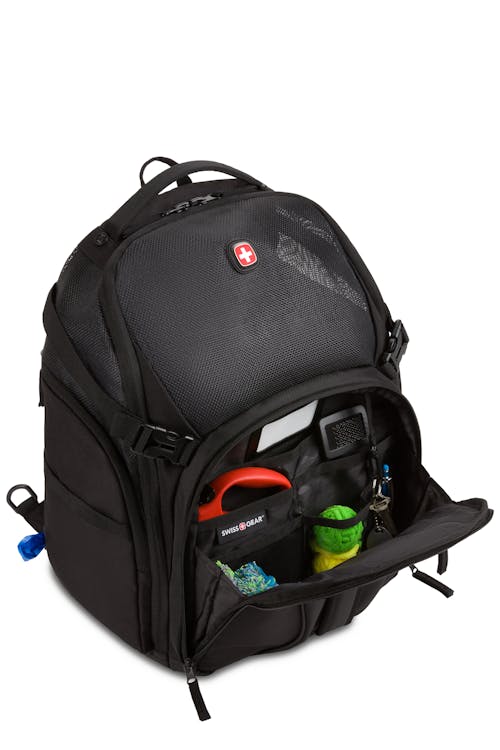 Swissgear 3333 Premium Pet Backpack Large front zippered accessories pocket has multiple built-in compartments for organizing gear, like toys, leashes, and more