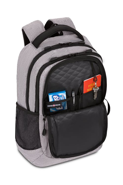 Swissgear 5668 Laptop Backpack-Light Gray Heather- Front organizer panel includes a key fob clip and multiple divider pockets 