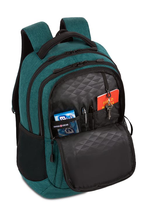 Swissgear 5668 Laptop Backpack-Green Heather- Front organizer panel includes a key fob clip and multiple divider pockets 