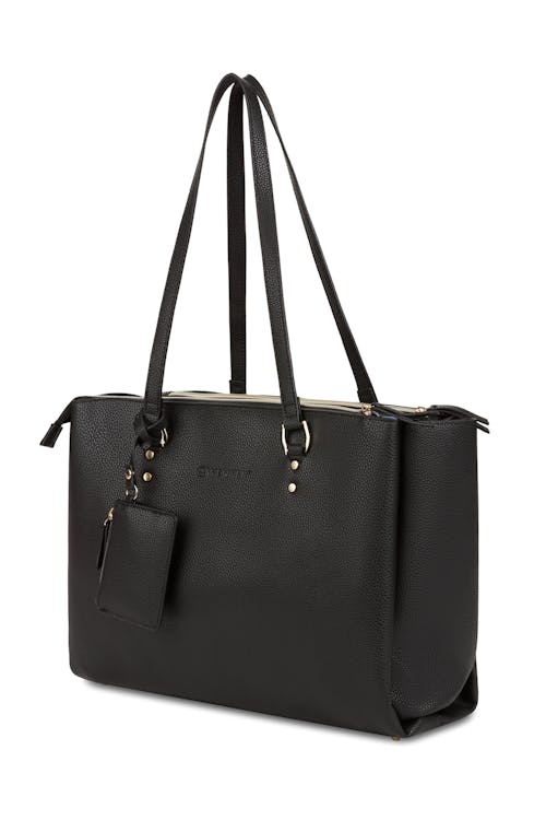 Wenger Rosalyn 14 inch Laptop Tote - Black/Sky Blue Black Vegan Leather outer with gold metal accents is stylish and elegant