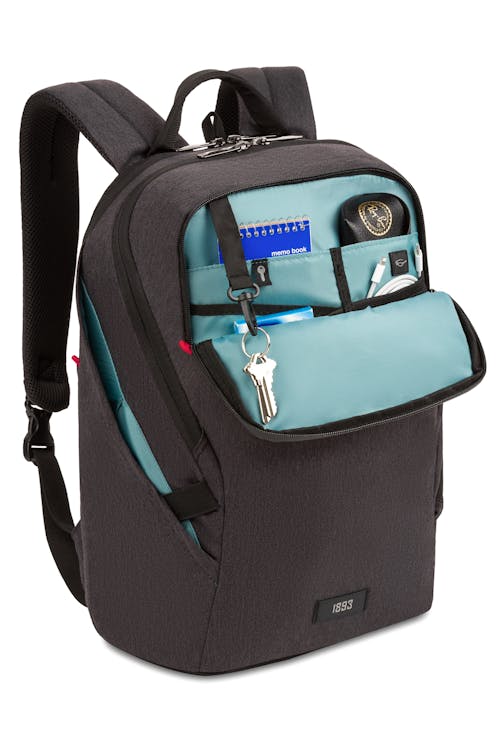 Wenger MX Light 16" Laptop Backpack - Charcoal Heather -front pocket with necessities organizer & key loop