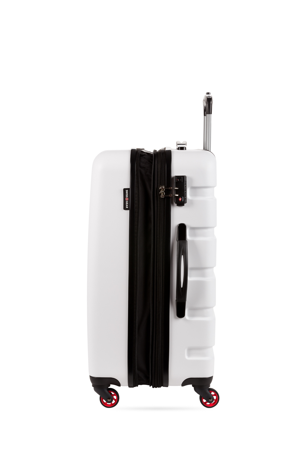 white hardside luggage