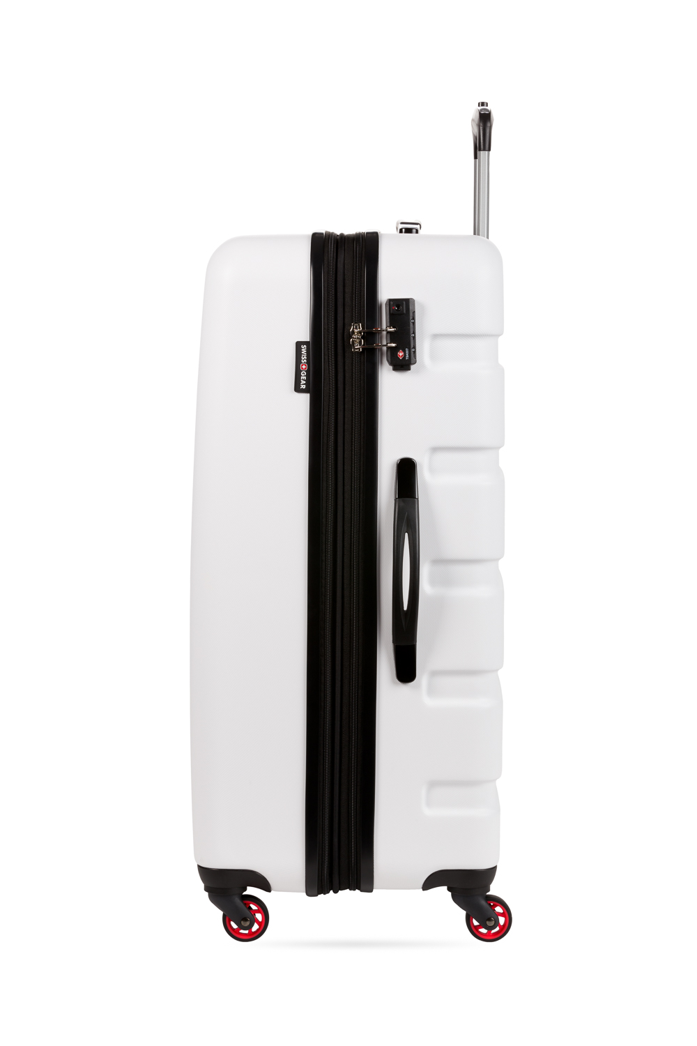 white spinner luggage