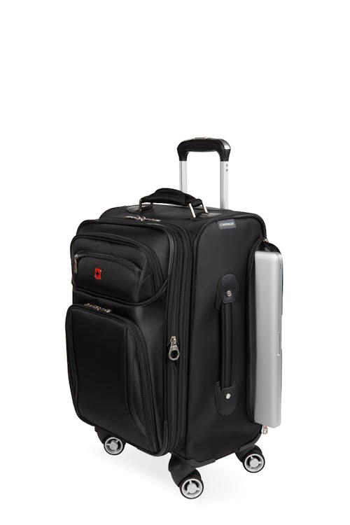 Wenger Identity Expandable Laptop Carry On Spinner Luggage A zippered, padded, laptop compartment is uniquely accessible from the exterior side of the bag and fits laptops up to 16 inches