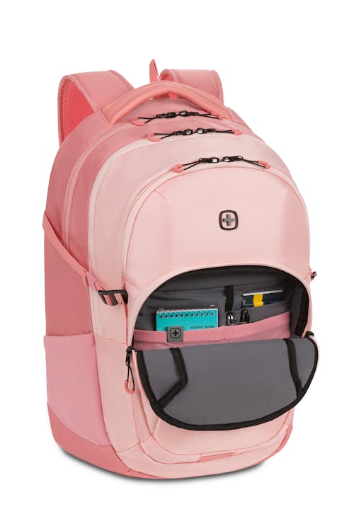 Swissgear 8173 17" Laptop Backpack-Coral/Pink-Zippered front compartment with essentials organizer and keyloop