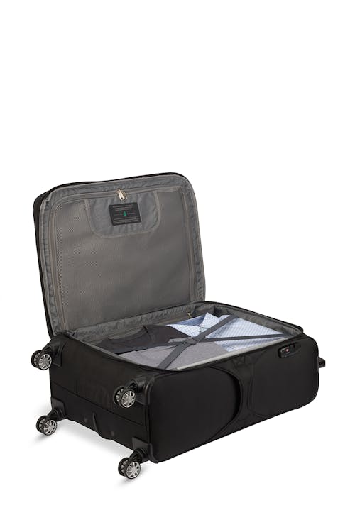 Swissgear Essential Collection 25" Expandable Softside Luggage - Black- Lined interior features a large wet-pocket and adjustable tie-down straps