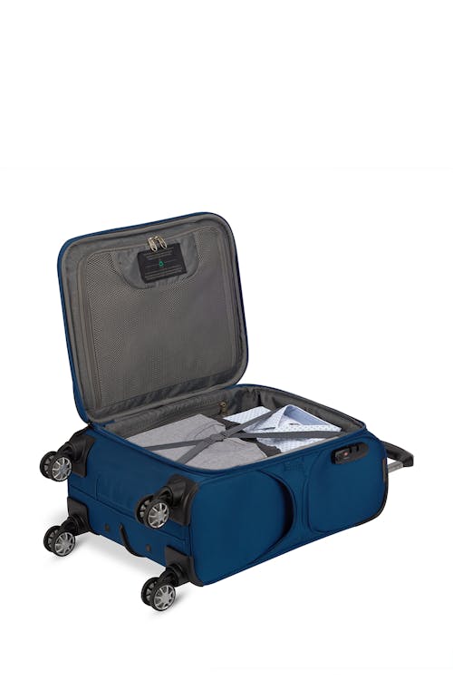 Swissgear Essential Collection Carry-on Softside Luggage-Blue-lined interior with adjustable tie-down straps  