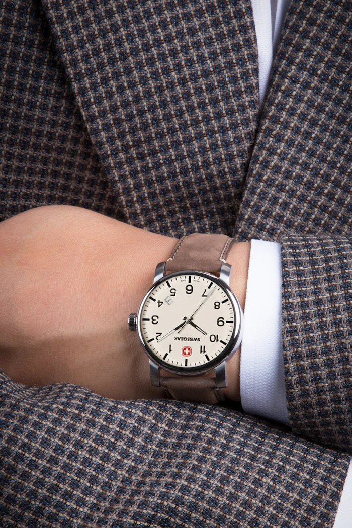 Swissgear Legacy Watch - Silver with Cream Dial & Dark Brown Strap 