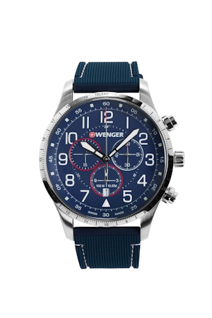 Wenger Attitude Chrono Watch - Stainless Steel with Blue Dial and Dark Blue Silicone Strap