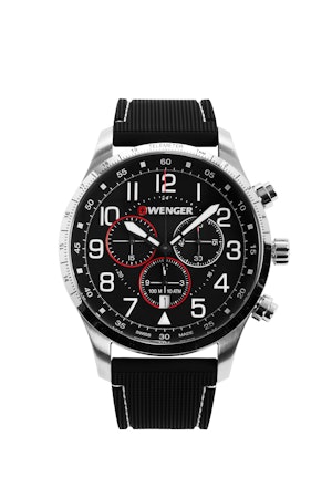 Wenger Attitude Chrono Watch - Stainless Steel with Black Dial and Black Silicone Strap