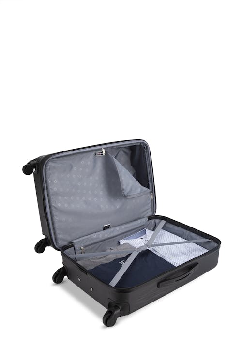 Swissgear Symmetry Lite Collection 3 Piece Expandable Hardside Luggage Set with two large main compartments, tie-down straps, lining divider and a privacy pocket