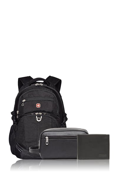 SWISSGEAR 2536 Backpack, 0400 Toiletry Kit & 61106 Wallet Travel Bundle - Black