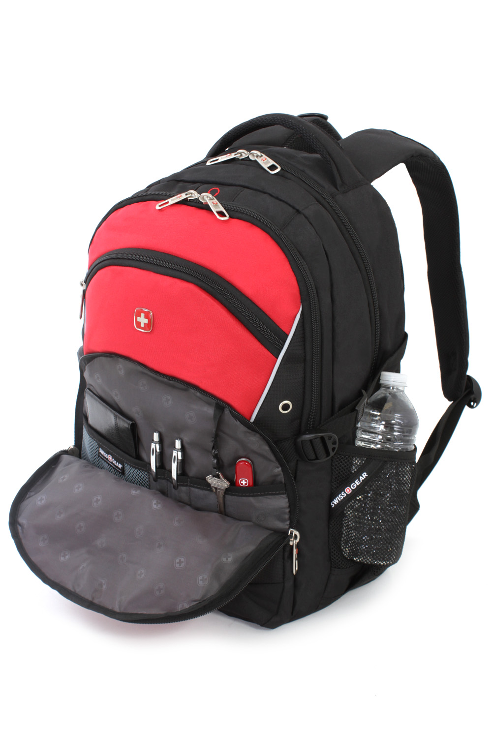 Swiss gear red top and black backpack