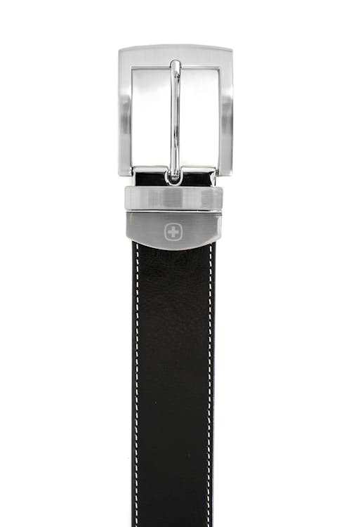SWISSGEAR OBERLAND BLACK-BROWN REVERSIBLE DRESS BELT BLACK SIDE IS MADE OF SMOOTH LEATHER WITH CONTRAST STITCHING