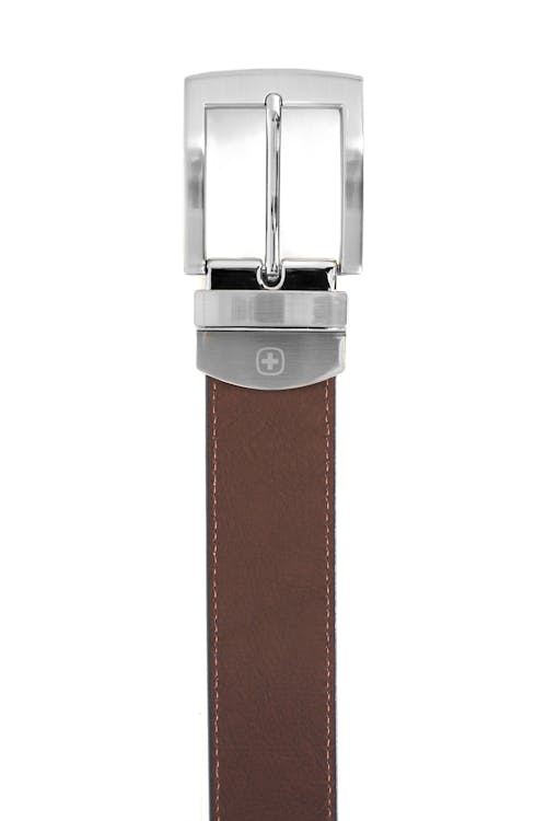 SWISSGEAR OBERLAND BLACK-BROWN REVERSIBLE DRESS BELT BROWN SIDE IS MADE OF SMOOTH LEATHER WITH CONTRAST STITCHING