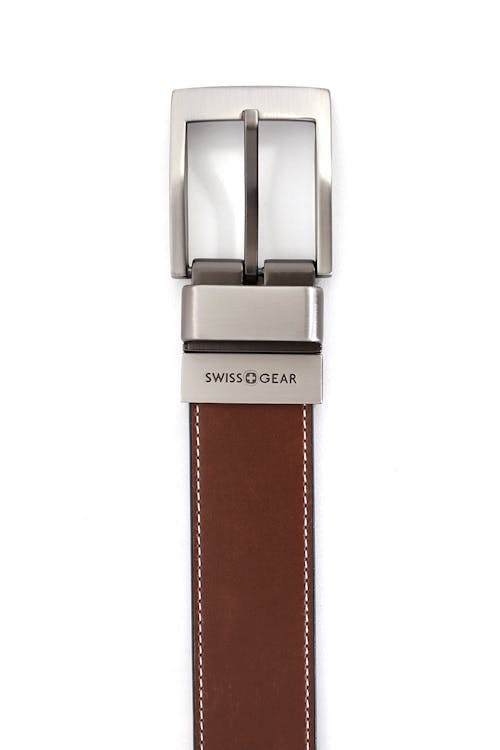 SWISSGEAR WILER BLACK-LIGHT BROWN REVERSIBLE BELT. BROWN SIDE WITH SMOOTH LEATHER WITH CONTRAST STITCHING