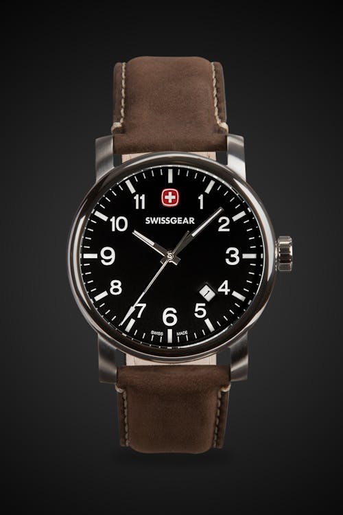 Swissgear Legacy Watch - Silver with Black Dial & Dark Brown Strap